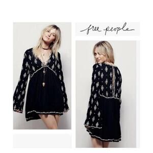 FREE PEOPLE Black Diamond Embroidered Crinkle Tunic L Boho Festival whimisgoth